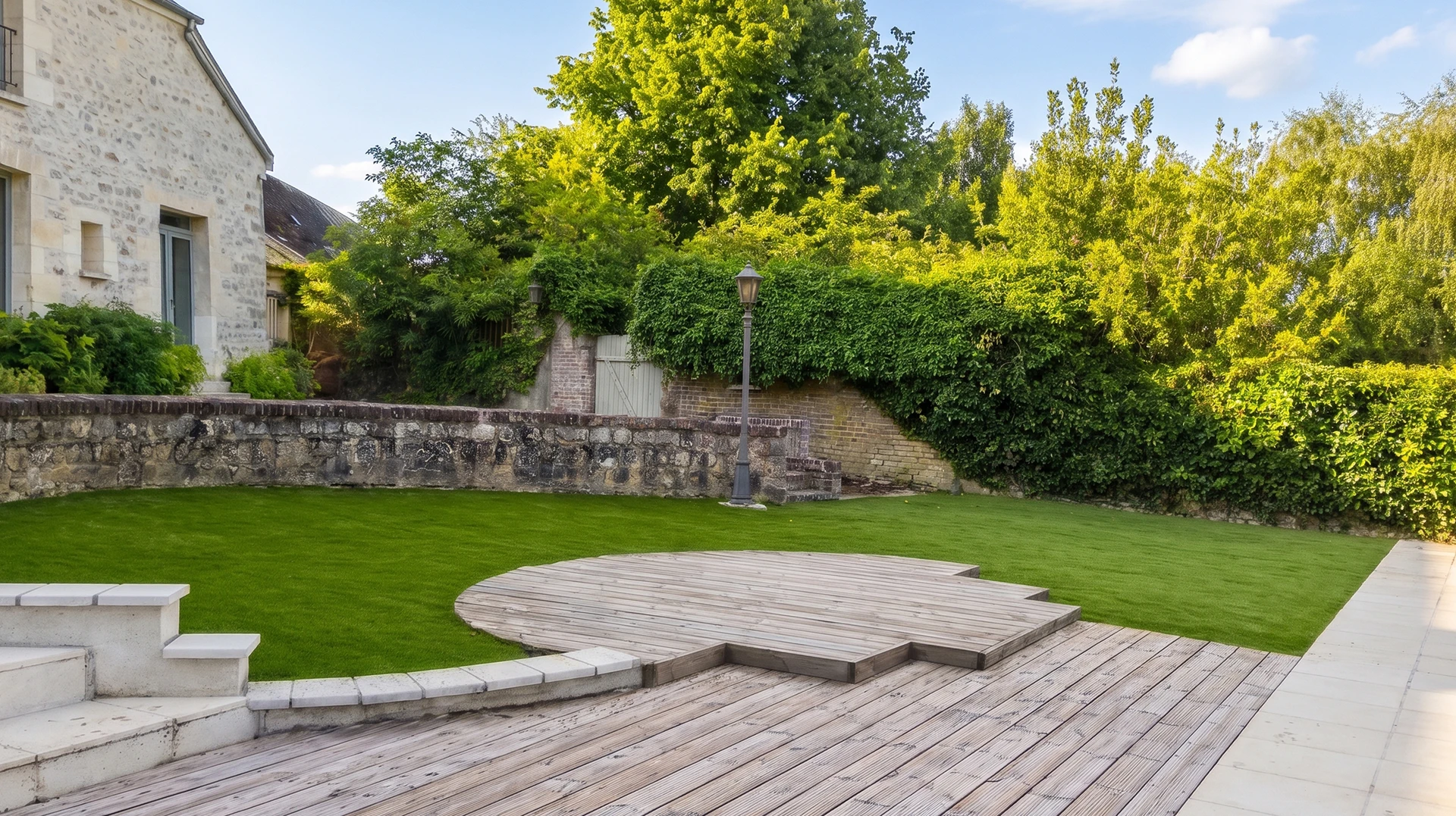 Jardin résidentiel paysagé avec pelouse verte entretenue, bordures végétales et éclairage extérieur